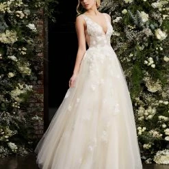 Ballgown Dresses Jovani Bridal 06286 Long A Line Sheer Embellished Formal Dress Lace V Neck Ball Gown