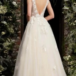 Ballgown Dresses Jovani Bridal 06286 Long A Line Sheer Embellished Formal Dress Lace V Neck Ball Gown