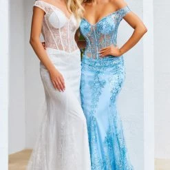 Mermaid Dresses Jovani 06369 Off The Shoulder Glitter Mermaid Prom Dress Pageant Gown Sheer Formal