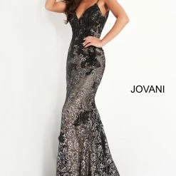 Jovani 06438 Long Fitted Metallic Lace Formal Evening Dress Floral Applique Prom Mermaid Dresses