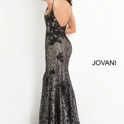 Jovani 06438 Long Fitted Metallic Lace Formal Evening Dress Floral Applique Prom Mermaid Dresses