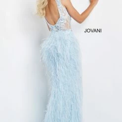 Jovani 06446 Long Feather Prom Dress Pageant Gown Sheer Embroidered Bodice Backless Slit