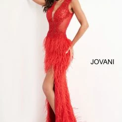 Jovani 06446 Long Fitted Feather Sheer Lace Formal Dress Prom Pageant Slit V Neck Backless Dresses
