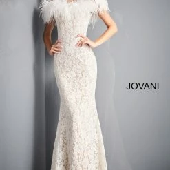 Long Sleeve Dresses Jovani 06451 Long Fitted Embellished Lace Feather Off The Shoulder Formal Dress