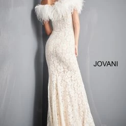 Long Sleeve Dresses Jovani 06451 Long Fitted Embellished Lace Feather Off The Shoulder Formal Dress