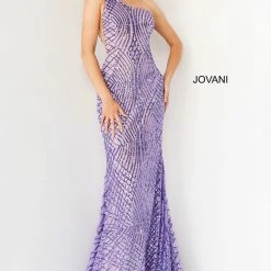 Mermaid Dresses Jovani 06517 Lilac Prom Dress Long Sequin Mermaid One Shoulder Fitted Geometric