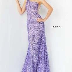 Mermaid Dresses Jovani 06517 Lilac Prom Dress Long Sequin Mermaid One Shoulder Fitted Geometric