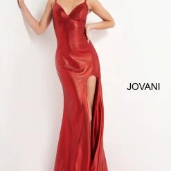 Discontinued Corset Dresses Jovani 06526 Long Fitted Metallic Shimmer Backless Prom Dress V Neck Formal Gown