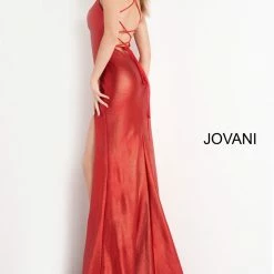 Discontinued Corset Dresses Jovani 06526 Long Fitted Metallic Shimmer Backless Prom Dress V Neck Formal Gown