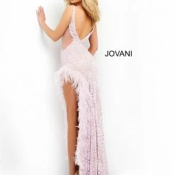Jovani 06558 Embellished Scalloped Long Prom Dress Feather Trimmed Slit Evening Gown