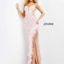 Jovani 06558 Embellished Scalloped Long Prom Dress Feather Trimmed Slit Evening Gown