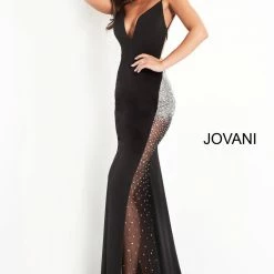 Jovani 06566 Long Fitted V Neck Formal Dress Sheer Crystal Rhinestone Side