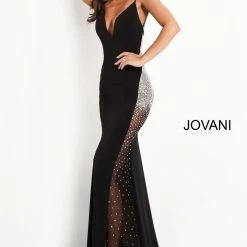 Jovani 06566 Long Fitted V Neck Formal Dress Sheer Crystal Rhinestone Side
