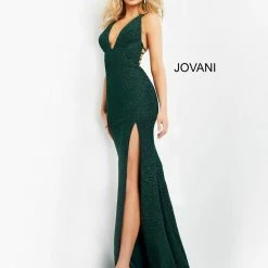 Jovani 06579 Plunging Neckline Long Fitted Stretch Glitter Prom Dress Pageant Gown Slit