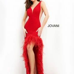 Jovani 06605 Plunging Neckline Glitter Prom Dress Feather Slit Evening Gown Sheer
