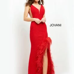 Jovani 06605 Plunging Neckline Glitter Prom Dress Feather Slit Evening Gown Sheer