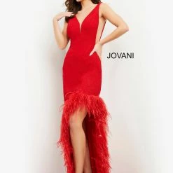 Jovani 06605 Plunging Neckline Glitter Prom Dress Feather Slit Evening Gown Sheer