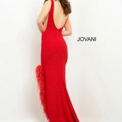 Jovani 06605 Plunging Neckline Glitter Prom Dress Feather Slit Evening Gown Sheer