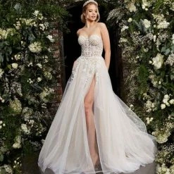 Corset Dresses Jovani Bridal 06610 A Line Maxi Slit Sheer Beaded Corset Wedding Dress Ballgown