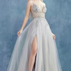 In Stock Ballgown Dresses Andrea & Leo OPHELIA A0672 Size 10 Long Shimmer Maxi Slit Sheer Formal Dress A Line Beaded