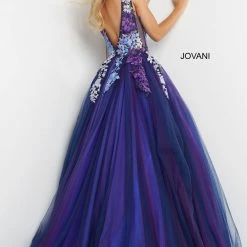 Ballgown Dresses Jovani 06807 Navy Multi Long Prom Dress Ballgown Embroidered Flowers Tulle Skirt