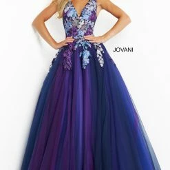 Ballgown Dresses Jovani 06807 Navy Multi Long Prom Dress Ballgown Embroidered Flowers Tulle Skirt