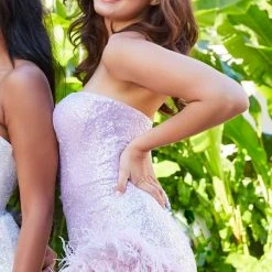 Jovani 07068 Feather Trimmed High Slit Prom Dress Pageant Gown Strapless Fitted