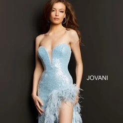 Jovani 07068 Feather Trimmed High Slit Prom Dress Pageant Gown Strapless Fitted