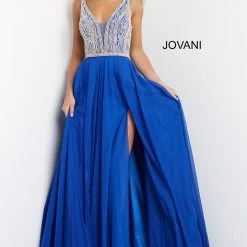 Jovani 07136 Flowy Chiffon Prom Dress Pageant Gown V Neck Dress Maxi Slit Embellished Top Ballgown Dresses