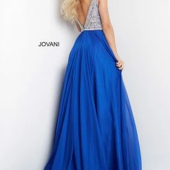 Jovani 07136 Flowy Chiffon Prom Dress Pageant Gown V Neck Dress Maxi Slit Embellished Top Ballgown Dresses