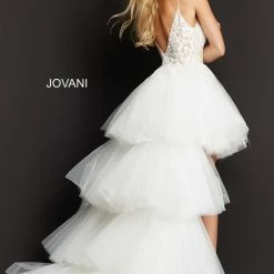 Jovani 07263 High Low Prom Dress Embroidered Floral Bodice Pleated Train