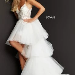 Jovani 07263 High Low Prom Dress Embroidered Floral Bodice Pleated Train