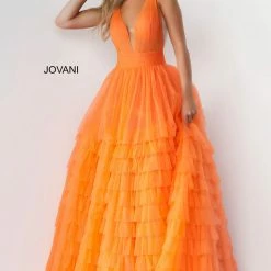 In Stock Ballgown Dresses Jovani 07264 Size 0 Orange Long Ballgown Prom Pageant Gown Ruffle Dress V Neck