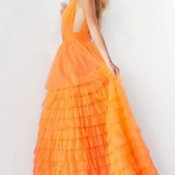 In Stock Ballgown Dresses Jovani 07264 Size 0 Orange Long Ballgown Prom Pageant Gown Ruffle Dress V Neck