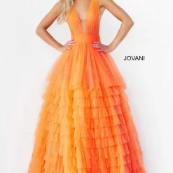 In Stock Ballgown Dresses Jovani 07264 Size 0 Orange Long Ballgown Prom Pageant Gown Ruffle Dress V Neck