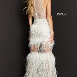 Jovani 07317 Long Straight Prom Pageant Gown Sheer Feather High Neck