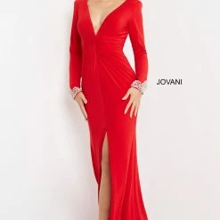 Jovani 07320 Long Sleeved Evening Gown Formal Dress Ruched Waistline