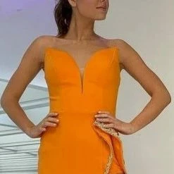 Jovani 07323 Prom Dress Strapless V Neckline Column Dress With High Slit And Ruffle