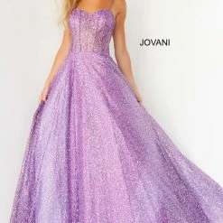Jovani 07423 Purple Prom Ballgown Sequins Net Sheer Corset Bodice Sweetheart Neckline Spaghetti Straps Evening Dress