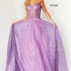 Jovani 07423 Purple Prom Ballgown Sequins Net Sheer Corset Bodice Sweetheart Neckline Spaghetti Straps Evening Dress