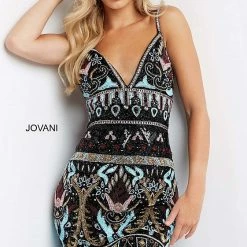 Backless Dresses Jovani 08447 Black Multi Embellished Cocktail Dress V Neck Formal Beaded Gown