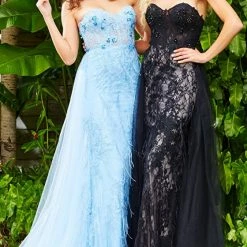 Jovani 07914 Long Sheer Feather Fitted Strapless Floral Lace Formal Gown Prom Dress
