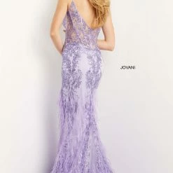 Sequin Dresses Jovani 08141 Lilac Prom Dress Pageant Gown V Neckline Sheer Corset Bodice Feather Skirt