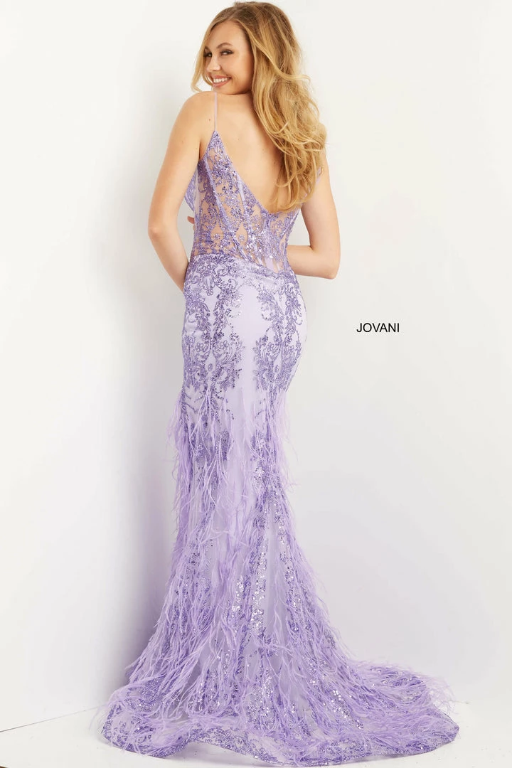 In Stock Jovani 08141 Size 8 Lilac Prom Dress Pageant Gown V Neckline Sheer Corset Bodice Feather Skirt 4 In Stock Jovani 08141 Size 8 Lilac Prom Dress Pageant Gown V Neckline Sheer Corset Bodice Feather Skirt