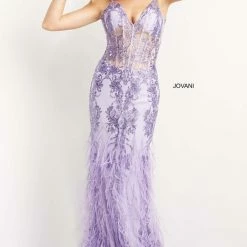 In Stock Jovani 08141 Size 8 Lilac Prom Dress Pageant Gown V Neckline Sheer Corset Bodice Feather Skirt
