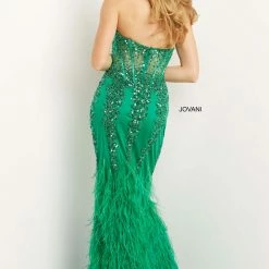In Stock Jovani 08142 Size 6 Long Fitted Feather Prom Dress Pageant Gown Strapless Sheer Mermaid