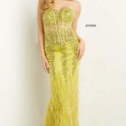 Jovani 08142 Long Fitted Feather Prom Dress Pageant Gown Strapless Sheer Mermaid