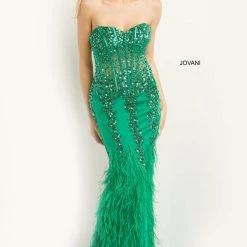 In Stock Jovani 08142 Size 6 Long Fitted Feather Prom Dress Pageant Gown Strapless Sheer Mermaid