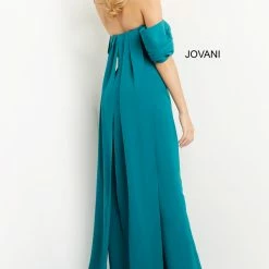 Jumpsuits & Rompers Jovani 08209 Formal Jumpsuit Strapless Cape Sleeves Crepe Fit And Flare Pants