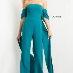 Jumpsuits & Rompers Jovani 08209 Formal Jumpsuit Strapless Cape Sleeves Crepe Fit And Flare Pants